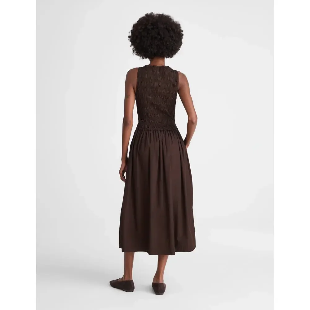 Madewell The Melody Smocked Midi Dress Cotton Molasses Brown A Line Small NWT - Picture 4 of 14